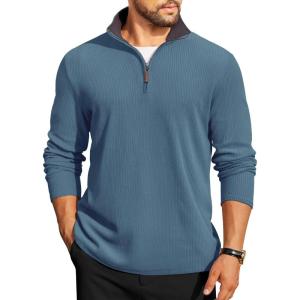 imageCOOFANDY Mens Quarter Zip Pullover Lightweight Sweater Casual Long Sleeve Corduroy Half Zip SweatshirtDark Blue
