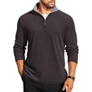 imageCOOFANDY Mens Quarter Zip Pullover Lightweight Sweater Casual Long Sleeve Corduroy Half Zip SweatshirtDark Grey