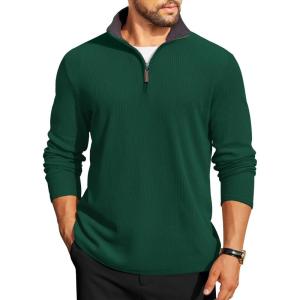 imageCOOFANDY Mens Quarter Zip Pullover Lightweight Sweater Casual Long Sleeve Corduroy Half Zip SweatshirtEver Green