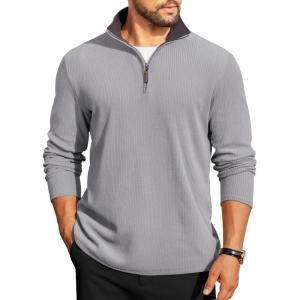 imageCOOFANDY Mens Quarter Zip Pullover Lightweight Sweater Casual Long Sleeve Corduroy Half Zip SweatshirtGray