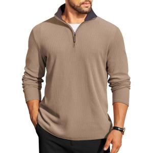 imageCOOFANDY Mens Quarter Zip Pullover Lightweight Sweater Casual Long Sleeve Corduroy Half Zip SweatshirtKhaki