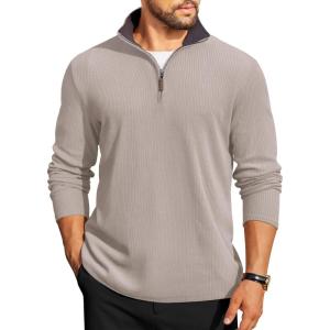 imageCOOFANDY Mens Quarter Zip Pullover Lightweight Sweater Casual Long Sleeve Corduroy Half Zip SweatshirtMoon Gray