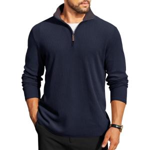 imageCOOFANDY Mens Quarter Zip Pullover Lightweight Sweater Casual Long Sleeve Corduroy Half Zip SweatshirtNavy Blue