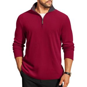 imageCOOFANDY Mens Quarter Zip Pullover Lightweight Sweater Casual Long Sleeve Corduroy Half Zip SweatshirtRed