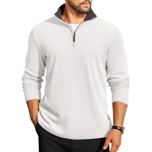 imageCOOFANDY Mens Quarter Zip Pullover Lightweight Sweater Casual Long Sleeve Corduroy Half Zip SweatshirtWhite