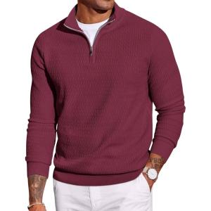 imageCOOFANDY Mens Quarter Zip Sweater Slim Fit Lightweight Mock Neck Pullover Knit Texture Polo SweatersWine Red