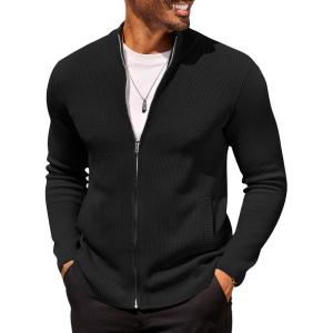 imageCOOFANDY Mens Zip Up Cardigan Sweater Slim Fit Casual Full Zip Sweaters Knit Stand Collar Cardigans with 2 Front PocketsBlack