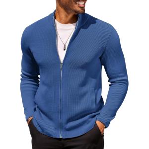 imageCOOFANDY Mens Zip Up Cardigan Sweater Slim Fit Casual Full Zip Sweaters Knit Stand Collar Cardigans with 2 Front PocketsBlue