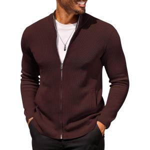 imageCOOFANDY Mens Zip Up Cardigan Sweater Slim Fit Casual Full Zip Sweaters Knit Stand Collar Cardigans with 2 Front PocketsBrown