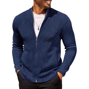imageCOOFANDY Mens Zip Up Cardigan Sweater Slim Fit Casual Full Zip Sweaters Knit Stand Collar Cardigans with 2 Front PocketsDark Blue