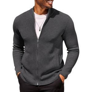 imageCOOFANDY Mens Zip Up Cardigan Sweater Slim Fit Casual Full Zip Sweaters Knit Stand Collar Cardigans with 2 Front PocketsDark Gray