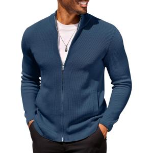 imageCOOFANDY Mens Zip Up Cardigan Sweater Slim Fit Casual Full Zip Sweaters Knit Stand Collar Cardigans with 2 Front PocketsDeep Blue