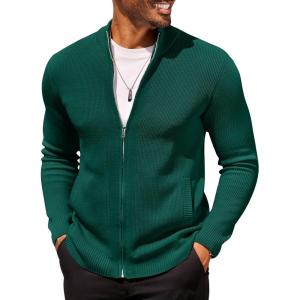 imageCOOFANDY Mens Zip Up Cardigan Sweater Slim Fit Casual Full Zip Sweaters Knit Stand Collar Cardigans with 2 Front PocketsGreen