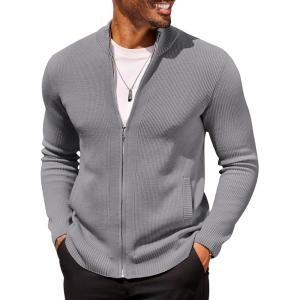 imageCOOFANDY Mens Zip Up Cardigan Sweater Slim Fit Casual Full Zip Sweaters Knit Stand Collar Cardigans with 2 Front PocketsGrey