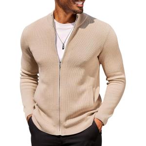 imageCOOFANDY Mens Zip Up Cardigan Sweater Slim Fit Casual Full Zip Sweaters Knit Stand Collar Cardigans with 2 Front PocketsKhaki
