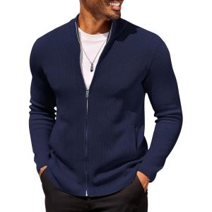 imageCOOFANDY Mens Zip Up Cardigan Sweater Slim Fit Casual Full Zip Sweaters Knit Stand Collar Cardigans with 2 Front PocketsNavy Blue