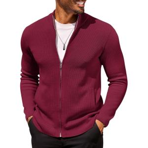 imageCOOFANDY Mens Zip Up Cardigan Sweater Slim Fit Casual Full Zip Sweaters Knit Stand Collar Cardigans with 2 Front PocketsWine Red