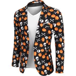 imageCOOFANDY Mens Halloween Blazer Jacket One Button Christmas Sport Coat Halloween Party Holiday JacketHalloween Blazer  Pumpkin  Skull