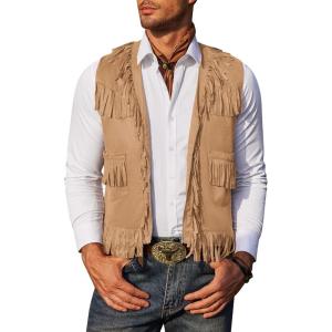 imageCOOFANDY Mens Western Cowboy Vest Casual Fringe Hippie Costume V Neck Zipper Suede Leather WaistcoatLight Khaki