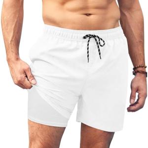imageCOOFANDY Men Swim Trunk with Compression Liner 2 in 1 Swimwear Bathing Suit Quick Dry Board ShortA White