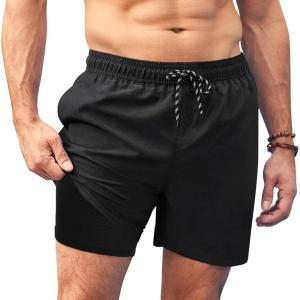 imageCOOFANDY Men Swim Trunk with Compression Liner 2 in 1 Swimwear Bathing Suit Quick Dry Board ShortBlack