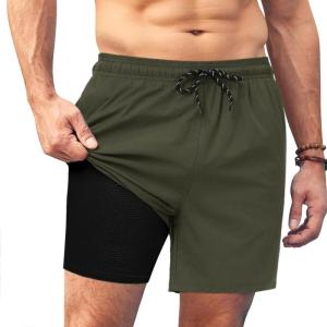 imageCOOFANDY Men Swim Trunk with Compression Liner 2 in 1 Swimwear Bathing Suit Quick Dry Board ShortC Army Green