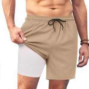 imageCOOFANDY Men Swim Trunk with Compression Liner 2 in 1 Swimwear Bathing Suit Quick Dry Board ShortKhaki