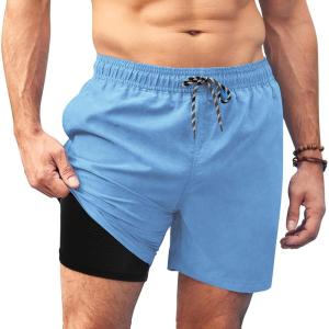 imageCOOFANDY Men Swim Trunk with Compression Liner 2 in 1 Swimwear Bathing Suit Quick Dry Board ShortLight Blue