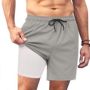 imageCOOFANDY Men Swim Trunk with Compression Liner 2 in 1 Swimwear Bathing Suit Quick Dry Board ShortLight Grey