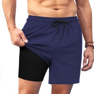 imageCOOFANDY Men Swim Trunk with Compression Liner 2 in 1 Swimwear Bathing Suit Quick Dry Board ShortNavy Blue