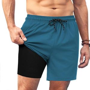 imageCOOFANDY Men Swim Trunk with Compression Liner 2 in 1 Swimwear Bathing Suit Quick Dry Board ShortPeacock Bluegreen