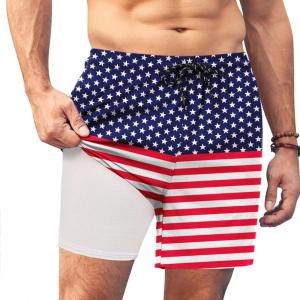 imageCOOFANDY Men Swim Trunk with Compression Liner 2 in 1 Swimwear Bathing Suit Quick Dry Board ShortPrint American Flag