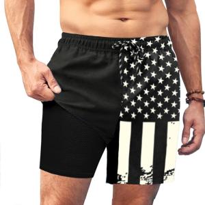 imageCOOFANDY Men Swim Trunk with Compression Liner 2 in 1 Swimwear Bathing Suit Quick Dry Board ShortPrint Black American Flag