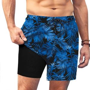 imageCOOFANDY Men Swim Trunk with Compression Liner 2 in 1 Swimwear Bathing Suit Quick Dry Board ShortPrint Blue Leaves