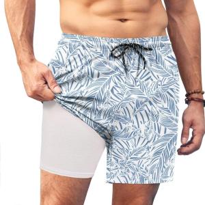 imageCOOFANDY Men Swim Trunk with Compression Liner 2 in 1 Swimwear Bathing Suit Quick Dry Board ShortPrint Blue Plam Leaf