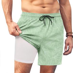 imageCOOFANDY Men Swim Trunk with Compression Liner 2 in 1 Swimwear Bathing Suit Quick Dry Board ShortPrint Green Leaves