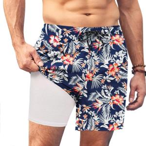 imageCOOFANDY Men Swim Trunk with Compression Liner 2 in 1 Swimwear Bathing Suit Quick Dry Board ShortPrint Navy Blue Flowers