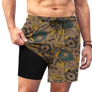 imageCOOFANDY Men Swim Trunk with Compression Liner 2 in 1 Swimwear Bathing Suit Quick Dry Board ShortPrint Painted Floral