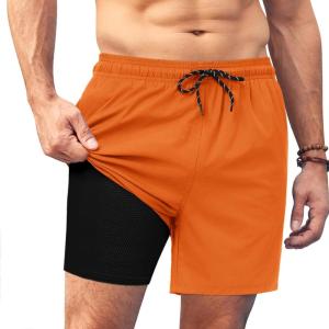 imageCOOFANDY Men Swim Trunk with Compression Liner 2 in 1 Swimwear Bathing Suit Quick Dry Board ShortRed Orange