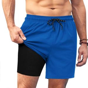 imageCOOFANDY Men Swim Trunk with Compression Liner 2 in 1 Swimwear Bathing Suit Quick Dry Board ShortRoyal Blue