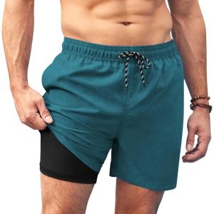 imageCOOFANDY Men Swim Trunk with Compression Liner 2 in 1 Swimwear Bathing Suit Quick Dry Board ShortZ Bluegreen