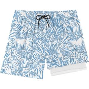 imageCOOFANDY Men Swim Trunk with Compression Liner 2 in 1 Swimwear Bathing Suit Quick Dry Board ShortZ Print Blue Plam Leaf