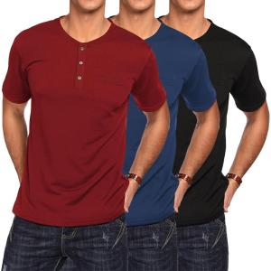 imageCOOFANDY Mens 3 Pack Henley Shirts Short Sleeve Casual Basic Tees Classic Henley Summer Solid T Shirts with PocketBlackBlueRed