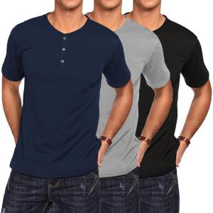 imageCOOFANDY Mens 3 Pack Henley Shirts Short Sleeve Casual Basic Tees Classic Henley Summer Solid T Shirts with PocketBlackGrayNave Blue