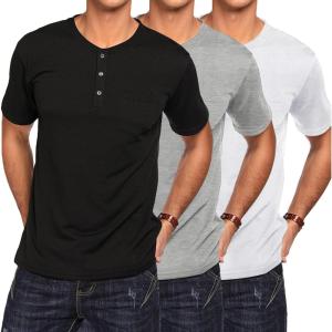 imageCOOFANDY Mens 3 Pack Henley Shirts Short Sleeve Casual Basic Tees Classic Henley Summer Solid T Shirts with PocketBlackGrayWhite
