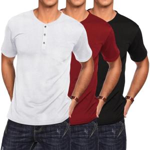 imageCOOFANDY Mens 3 Pack Henley Shirts Short Sleeve Casual Basic Tees Classic Henley Summer Solid T Shirts with PocketBlackWhiteWine Red