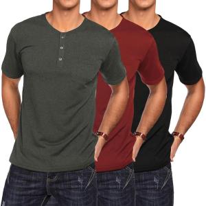 imageCOOFANDY Mens 3 Pack Henley Shirts Short Sleeve Casual Basic Tees Classic Henley Summer Solid T Shirts with PocketBlackWineDark Grey