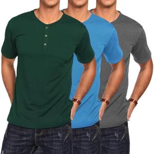 imageCOOFANDY Mens 3 Pack Henley Shirts Short Sleeve Casual Basic Tees Classic Henley Summer Solid T Shirts with PocketDark GrayBlueGreen