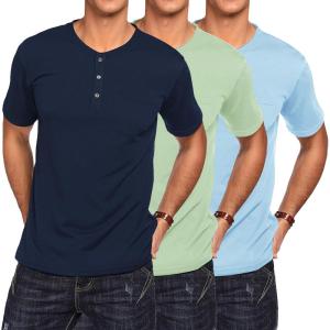 imageCOOFANDY Mens 3 Pack Henley Shirts Short Sleeve Casual Basic Tees Classic Henley Summer Solid T Shirts with PocketLight GreenSky BlueNavy