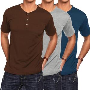 imageCOOFANDY Mens 3 Pack Henley Shirts Short Sleeve Casual Basic Tees Classic Henley Summer Solid T Shirts with PocketPeacock BlueCoffeeGray